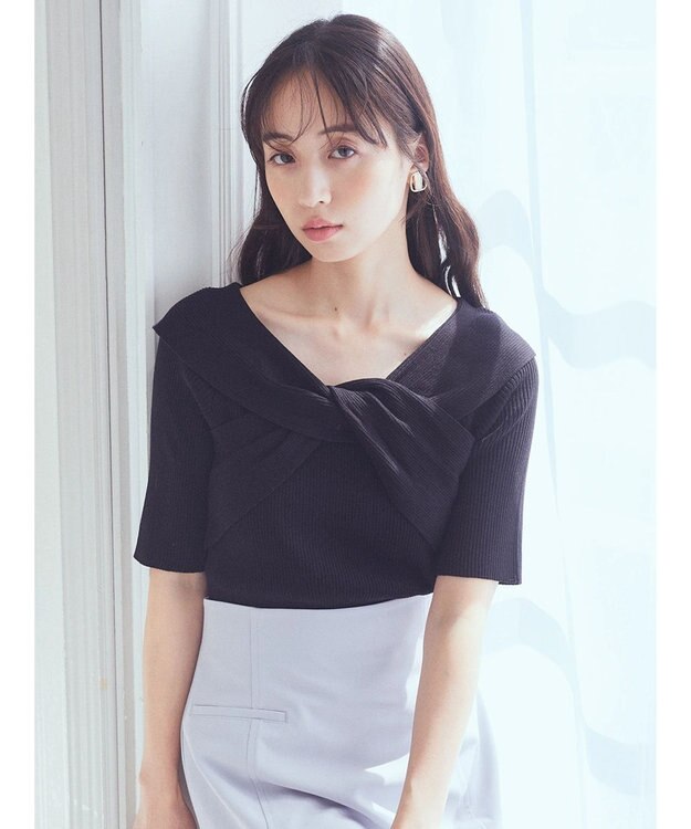 earth music&ecology フロントクロスリブニットプルオーバー Black