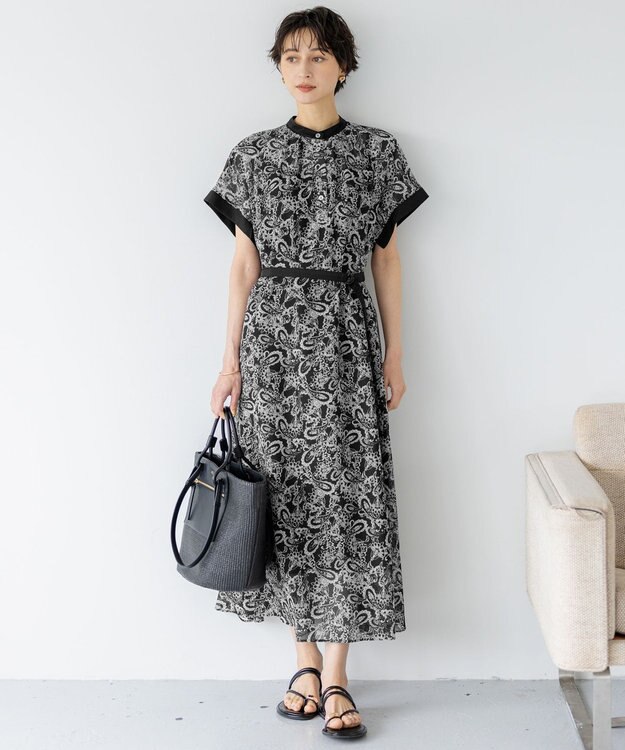 一部店舗限定/速乾性/洗える】モノトーンプリント ワンピース