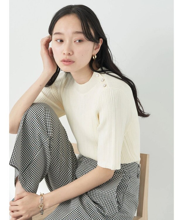 earth music&ecology ショルダーボタンリブニットプルオーバー Ivory