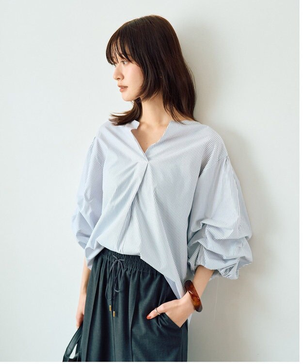 YECCA VECCA タックスリーブスキッパーブラウス Stripe White