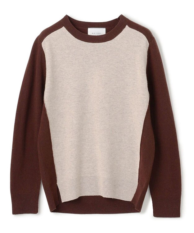 BEIGE， 【WEB限定・洗える】ROGAN / バイカラーウールクルーネックニット Taupe x Brown