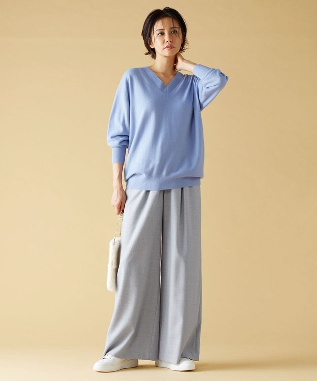 自由区 【洗える】ピュアカシミヤVネック ニット テンダーブルー