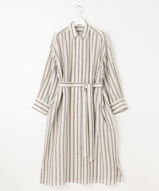 自由区 S 【洗える】テンセルリネンシャツワンピース フラックス×スレートストライプ