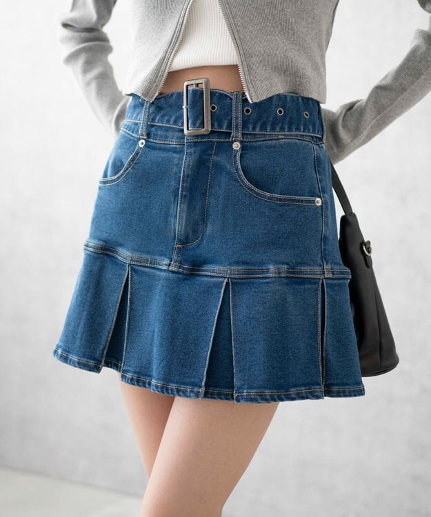 WEGO ベルト付デニムプリーツスカパン デニム中濃加工色