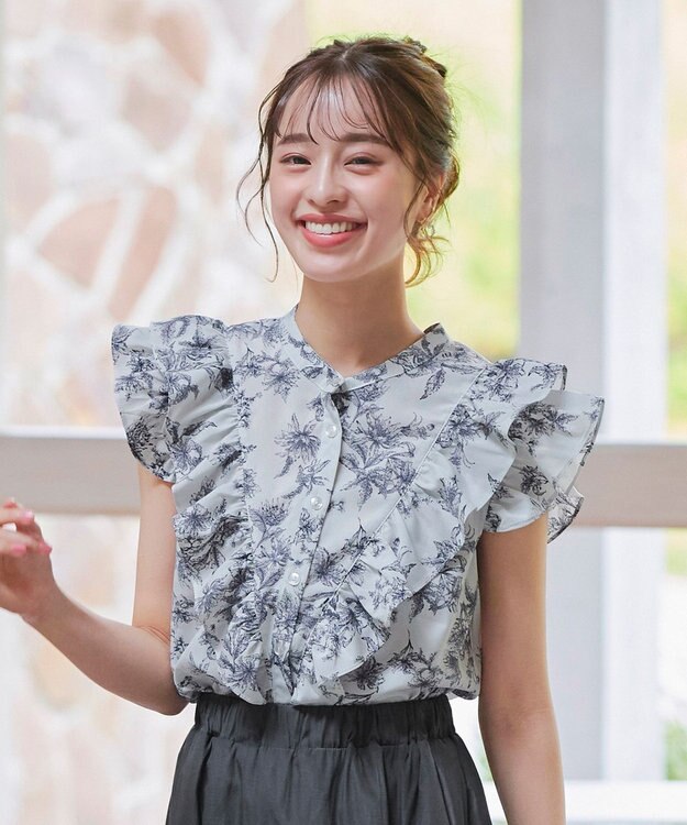 Tiaclasse 【新色追加・洗える】花柄フリルシャツブラウス グレー