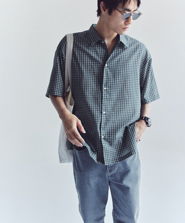 UNFILO MENS イージーケア エアリーシアーシャツ 半袖 ネイビーチェック