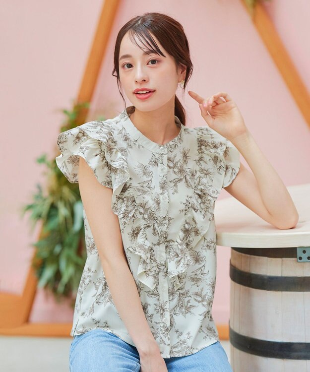 Tiaclasse 【新色追加・洗える】花柄フリルシャツブラウス グレージュ