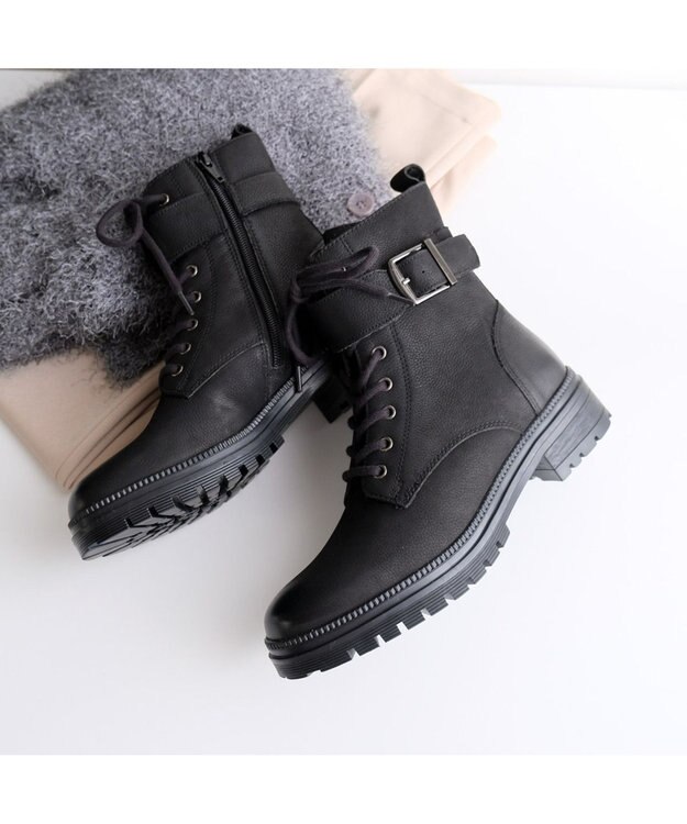 Pointer 本革 足首ベルトレースアップブーツ ブラック