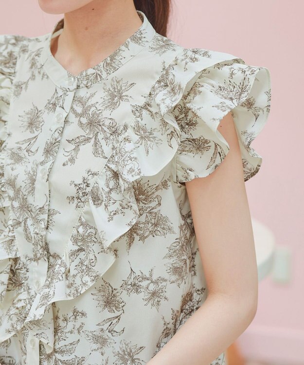 Tiaclasse 【新色追加・洗える】花柄フリルシャツブラウス グレージュ