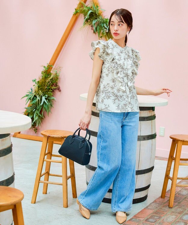 Tiaclasse 【新色追加・洗える】花柄フリルシャツブラウス グレージュ