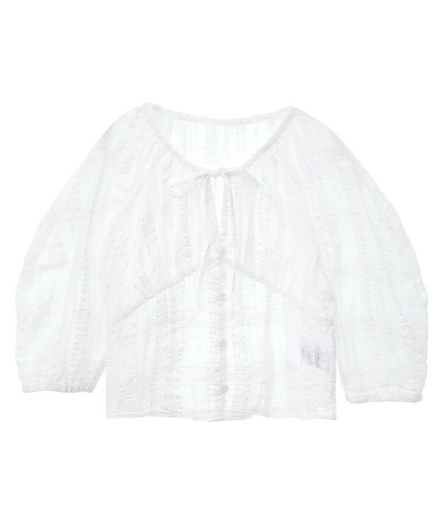 earth music&ecology シアーチェックパフスリーブブラウス Ivory