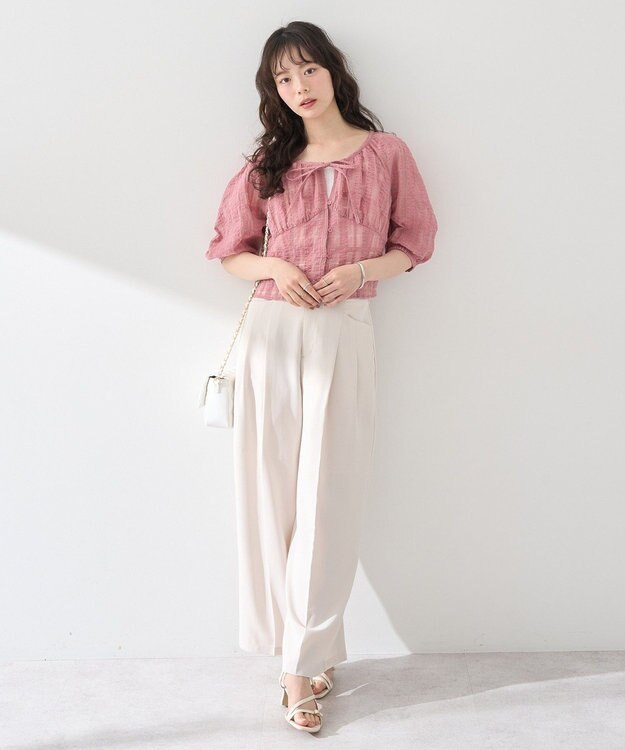 earth music&ecology シアーチェックパフスリーブブラウス Pink