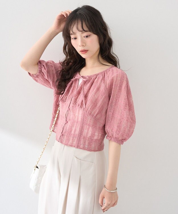 earth music&ecology シアーチェックパフスリーブブラウス Pink