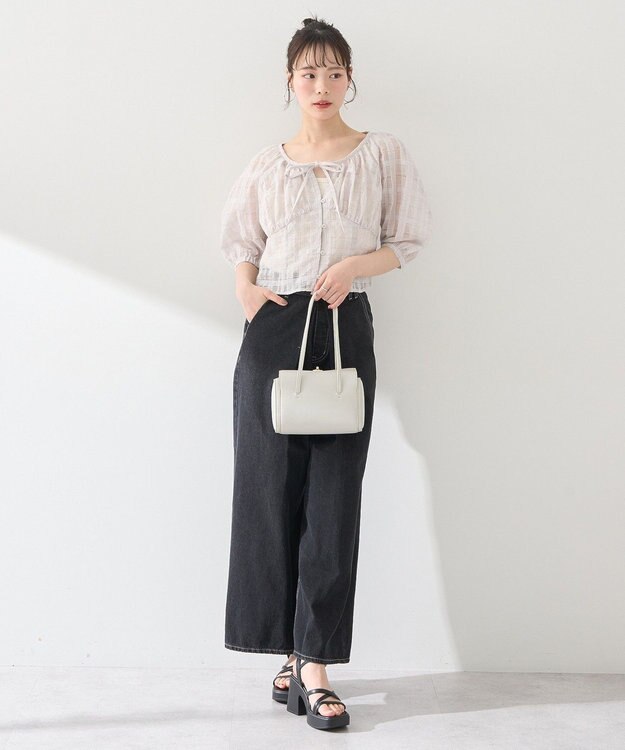 earth music&ecology シアーチェックパフスリーブブラウス Light Gray