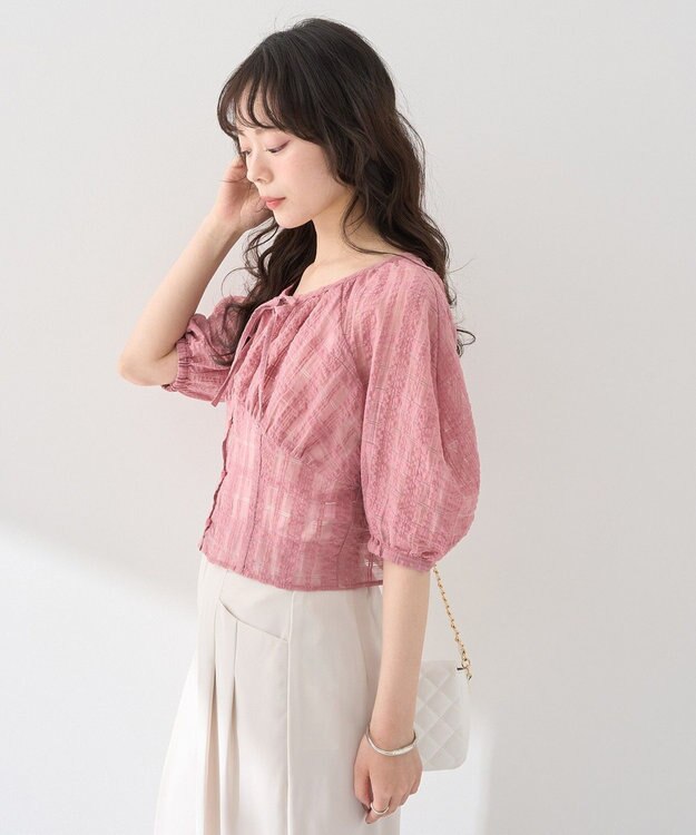 earth music&ecology シアーチェックパフスリーブブラウス Pink