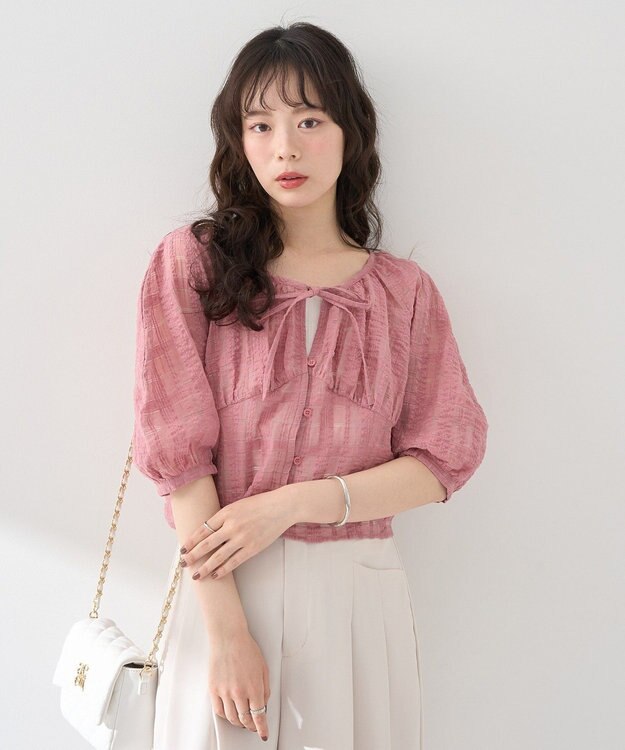 earth music&ecology シアーチェックパフスリーブブラウス Pink