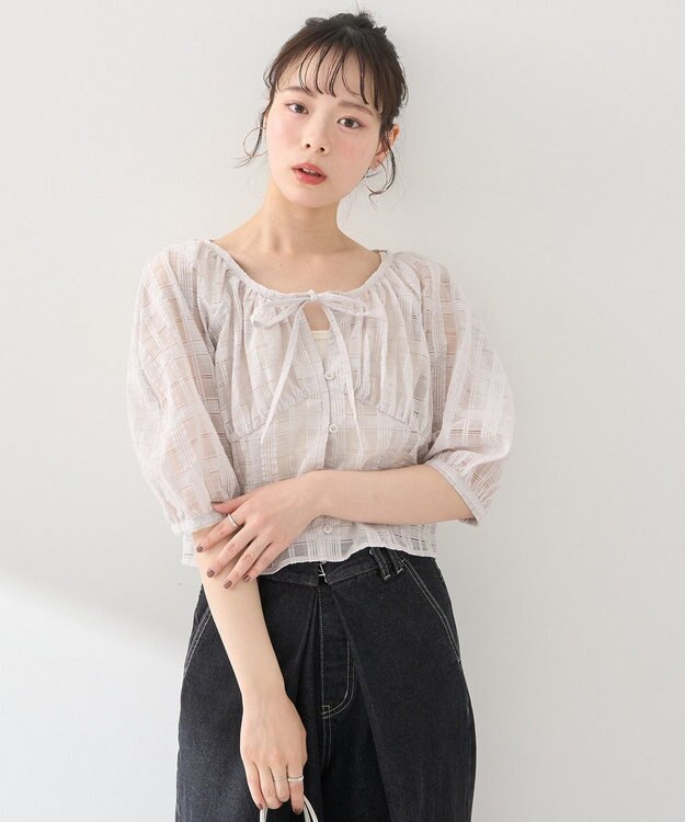 earth music&ecology シアーチェックパフスリーブブラウス Light Gray