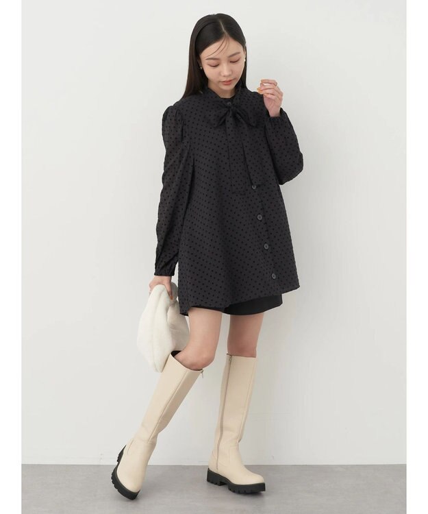 earth music&ecology ドットチュニック丈リボン付きワンピース Dot Black