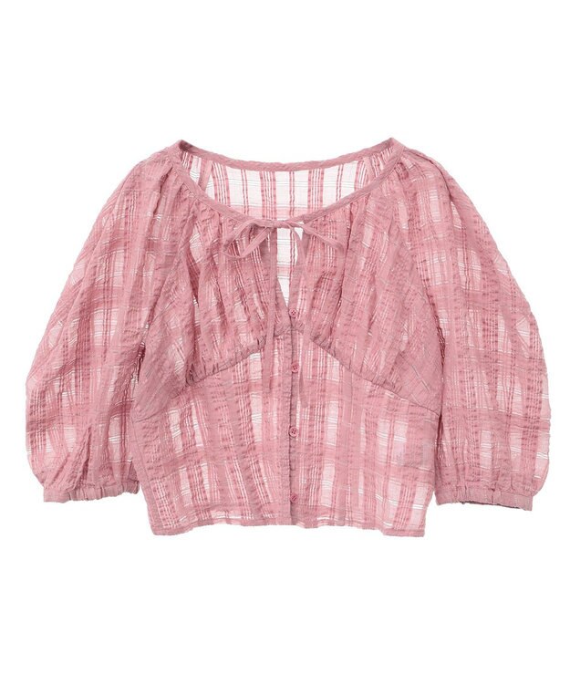 earth music&ecology シアーチェックパフスリーブブラウス Pink