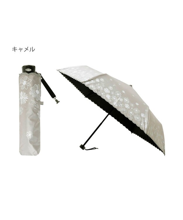MOONBAT 【遮光率100％/遮熱/UV】LANVIN en Bleu (ランバン オン ブルー)晴雨兼用日傘 フラワーグリッター シルバースカラ刺繍 花柄 折りたたみ傘 簡単開閉 キャメル