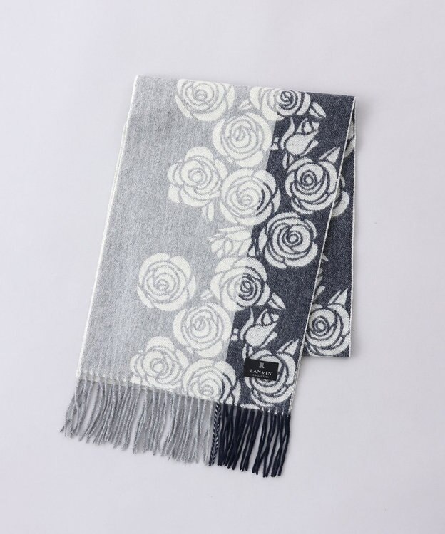 AURORA LANVIN COLLECTION　ローズ柄 カシミヤ マフラー ダークネイビー