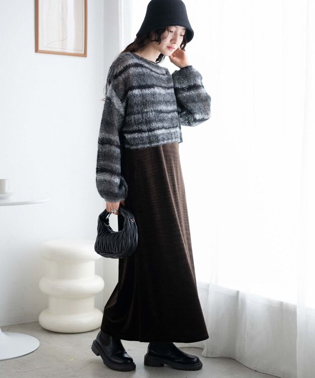 WEGO 段染めボーダーモヘアライクニット ブラック