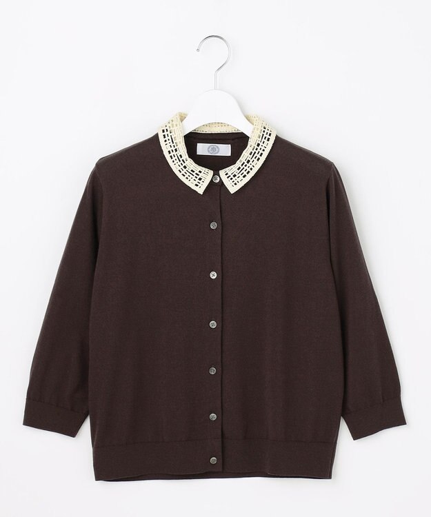 J.PRESS LADIES S 【2WAY】レースカラーコンビ カーディガン ダークブラウン×ベージュ系