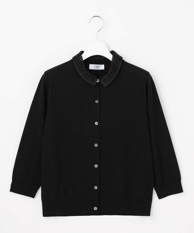 J.PRESS LADIES S 【2WAY】レースカラーコンビ カーディガン ブラック×ブラック系