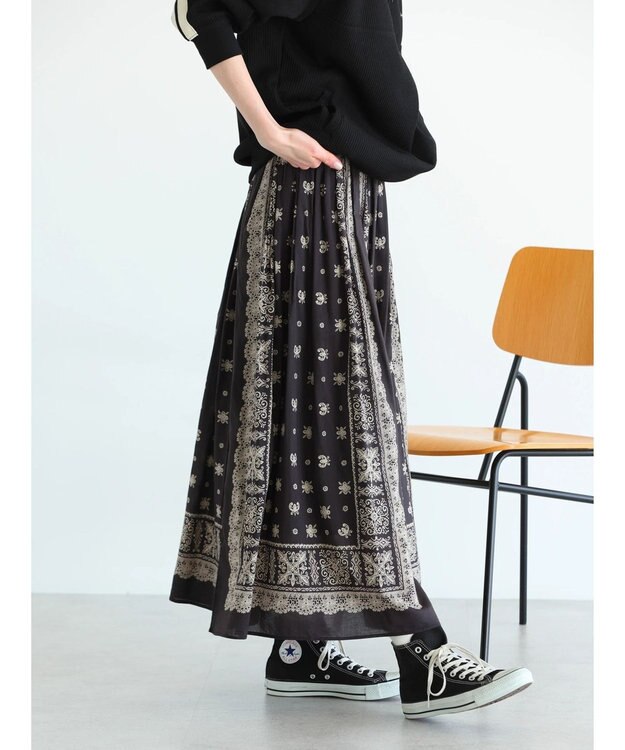 CRAFT STANDARD BOUTIQUE パネル柄マキシギャザースカート Charcoal Gray