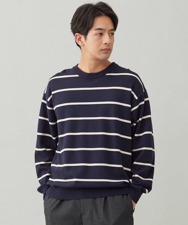UNFILO MENS 【OCEANS YouTube 掲載/男女兼用】スムースシルキーニット 柄 ボーダー ネイビー×アイボリー