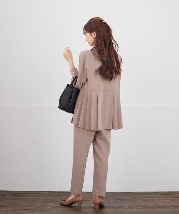 Tiaclasse L 【ブラウス&パンツ2点セット】サイドプリーツブラウス×テーパードパンツ セットアップ モカ