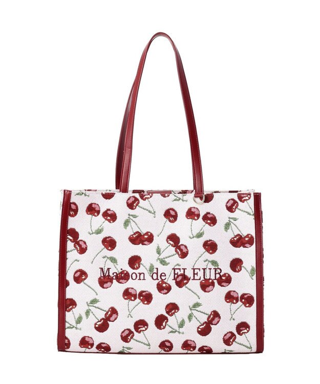 Maison de FLEUR チェリー柄ゴブランスクエアトートバッグ Red