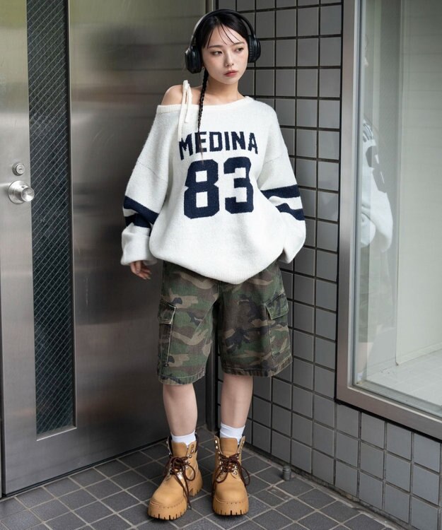 WEGO フラッフィー2WAYグラフィックワンショルBIGニット ホワイトアイボリー