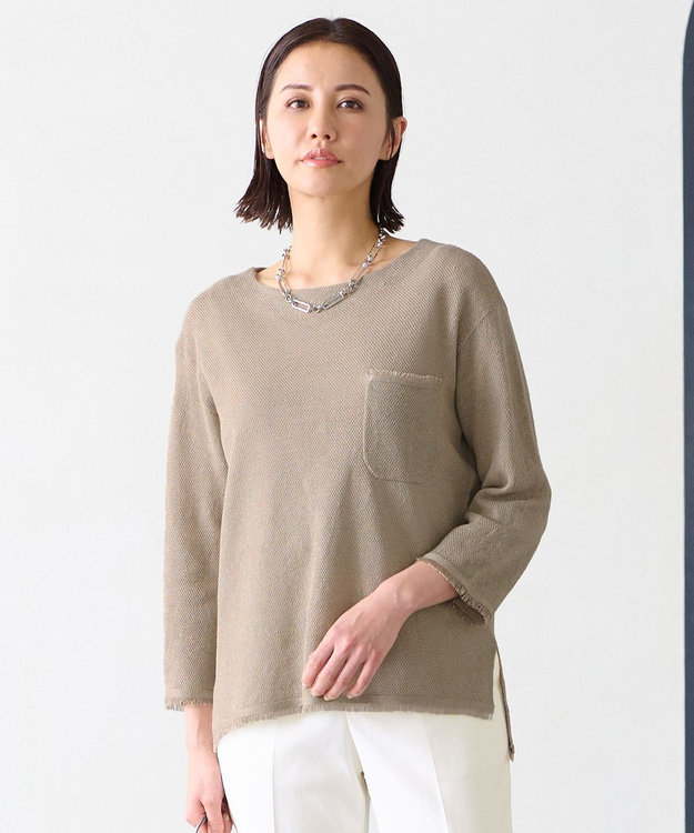 自由区 L 【洗える】リネンフリンジディテール8分袖 ニット ベージュ系