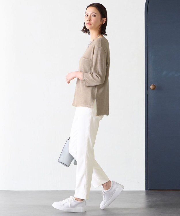 自由区 L 【洗える】リネンフリンジディテール8分袖 ニット ベージュ系