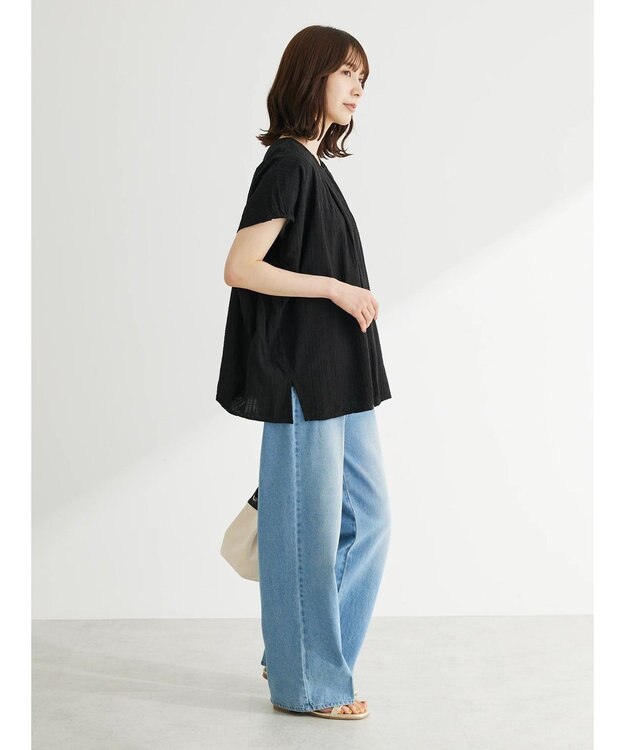 Green Parks インド綿　ＳＥＴ２点　マルチ刺繍ブラウス＋タンク Black