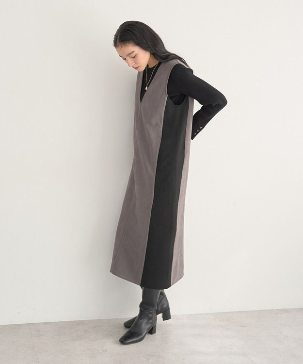 YECCA VECCA ニット切替フェイクスエードジャンスカ Blue