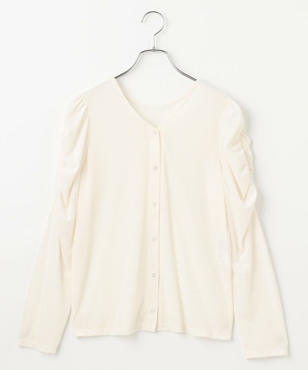 #Newans 【洗濯機可／ 前後着用可】 ギャザースリーブシアーベロアカーディガン ホワイト