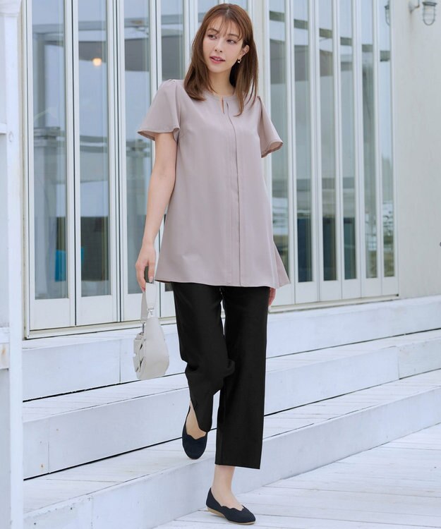 Tiaclasse 【洗える】フロントタックフレアスリーブチュニックブラウス グレージュ