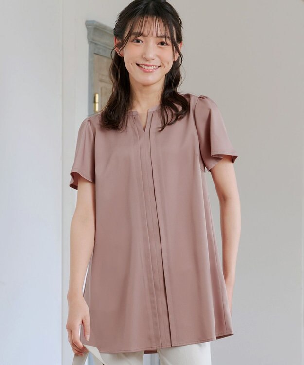 Tiaclasse 【洗える】フロントタックフレアスリーブチュニックブラウス ピンク