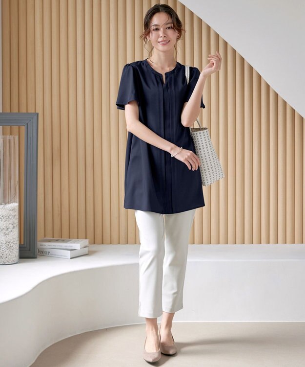 Tiaclasse 【洗える】フロントタックフレアスリーブチュニックブラウス ネイビー