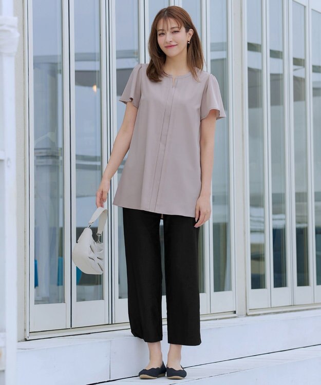 Tiaclasse 【洗える】フロントタックフレアスリーブチュニックブラウス グレージュ