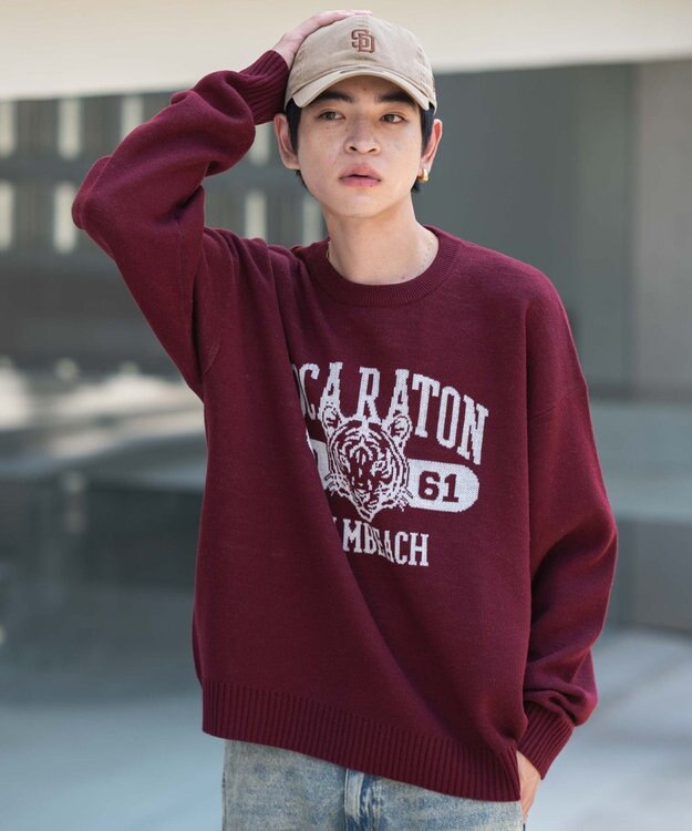 WEGO 【ユニセックス着用ITEM/SMLサイズ展開】ジャガードグラフィックプルオーバー ワイン