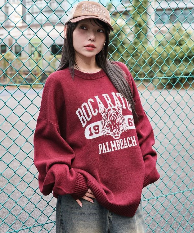 WEGO 【ユニセックス着用ITEM/SMLサイズ展開】ジャガードグラフィックプルオーバー ワイン