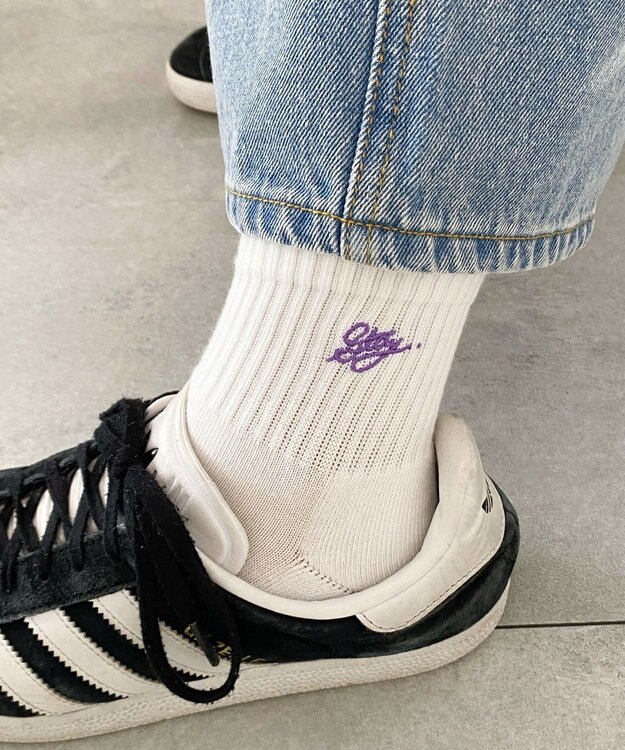 WEGO カラーロゴ刺繍アンクルパイルソックス ホワイト