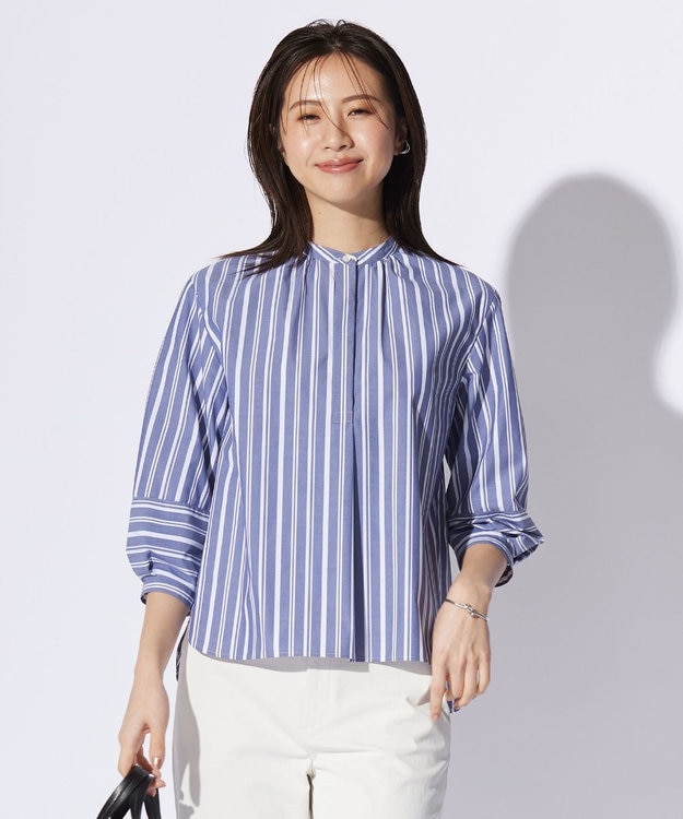 J.PRESS LADIES 【洗える・接触冷感・UVカット】エステネージュストライプ バンドカラーブラウス ネイビーストライプ系1