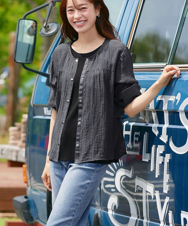 Tiaclasse 【洗える】楊柳バックフリルブルゾン チャコールグレー