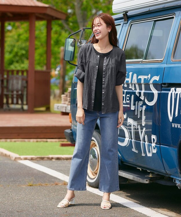 Tiaclasse 【洗える】楊柳バックフリルブルゾン チャコールグレー