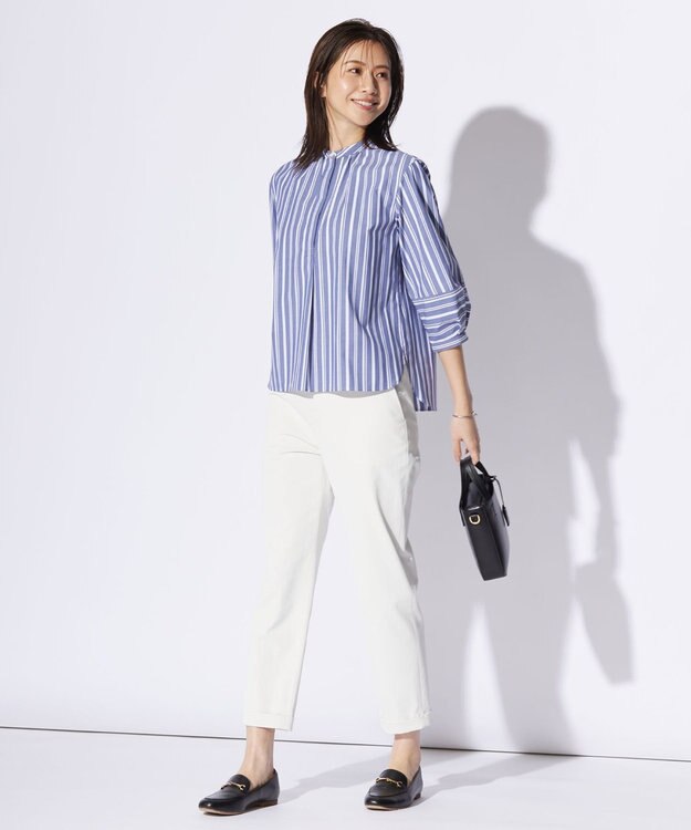 J.PRESS LADIES 【洗える・接触冷感・UVカット】エステネージュストライプ バンドカラーブラウス ネイビーストライプ系1