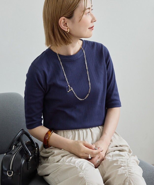 AMERICAN HOLIC リブ5分袖プルオーバー Navy